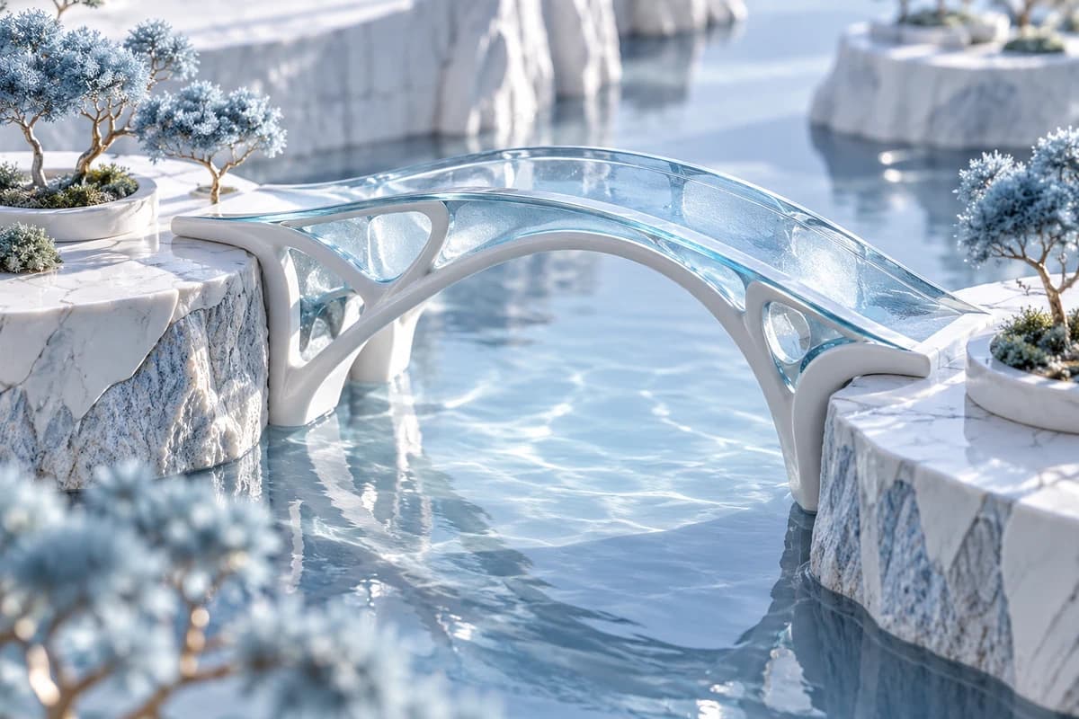 Conceptual blue-glass bridge connecting two platforms