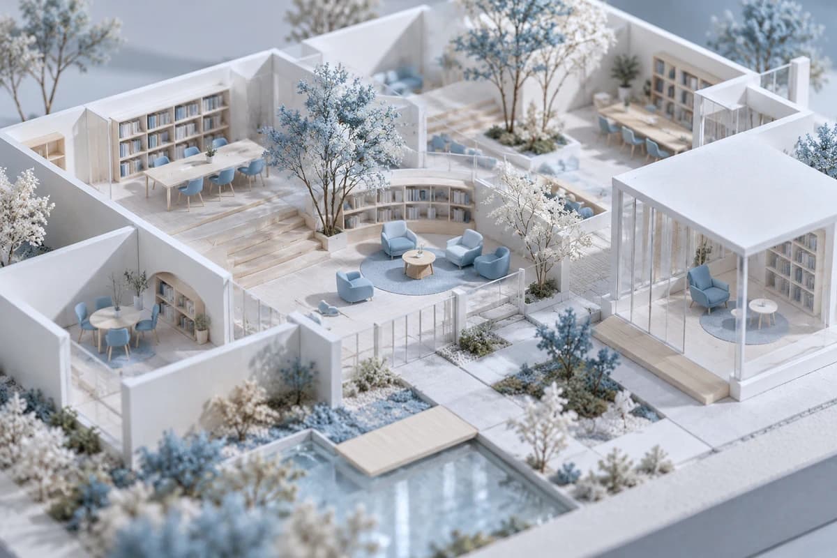 Conceptual blue-white architectural model of a shared reading space
