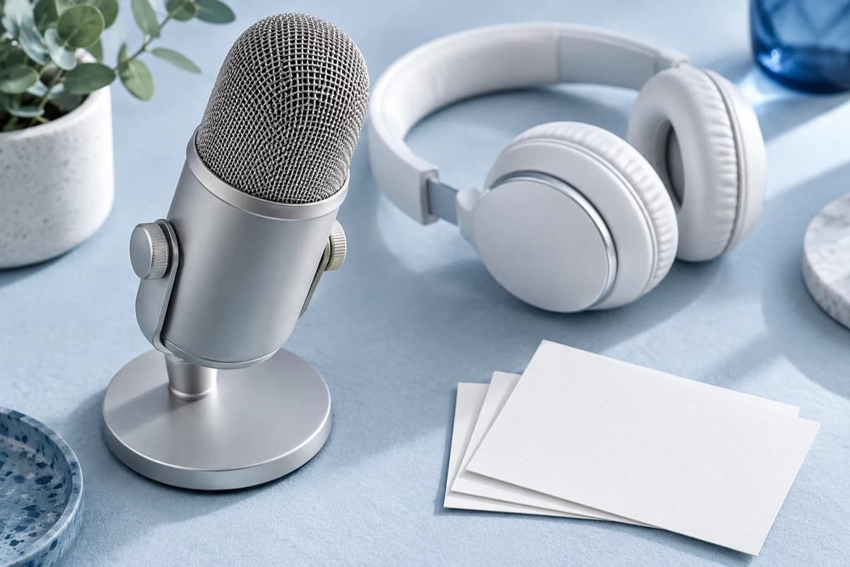 Conceptual editorial still life with microphone, headphones and cards