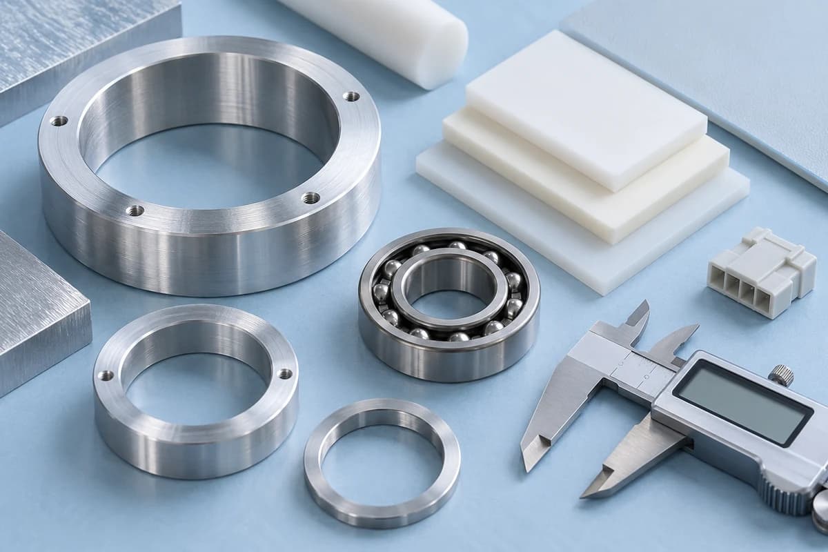 Conceptual still life of precision parts, material samples and a caliper