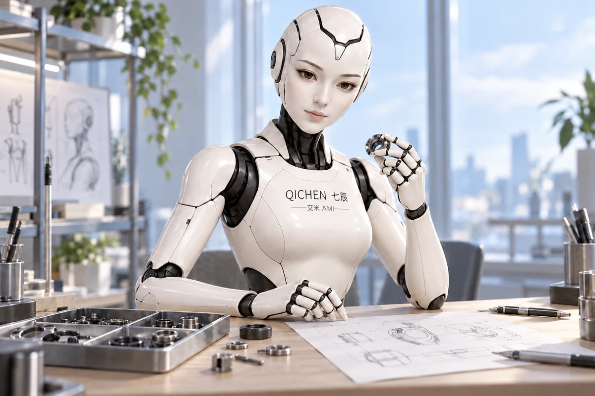 Concept view of Ami examining a component at a workbench, with the QICHEN and AMI chest mark