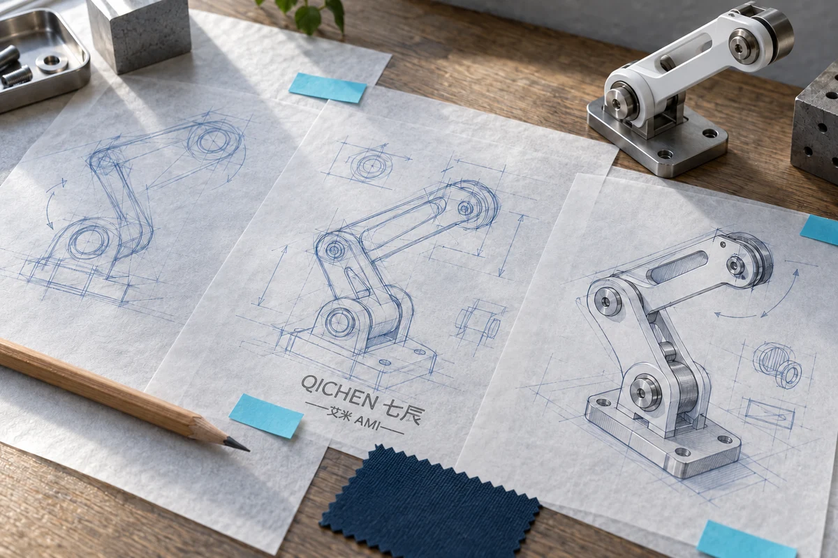 Mechanical concept studies, a joint concept and a material sample with the QICHEN and AMI mark