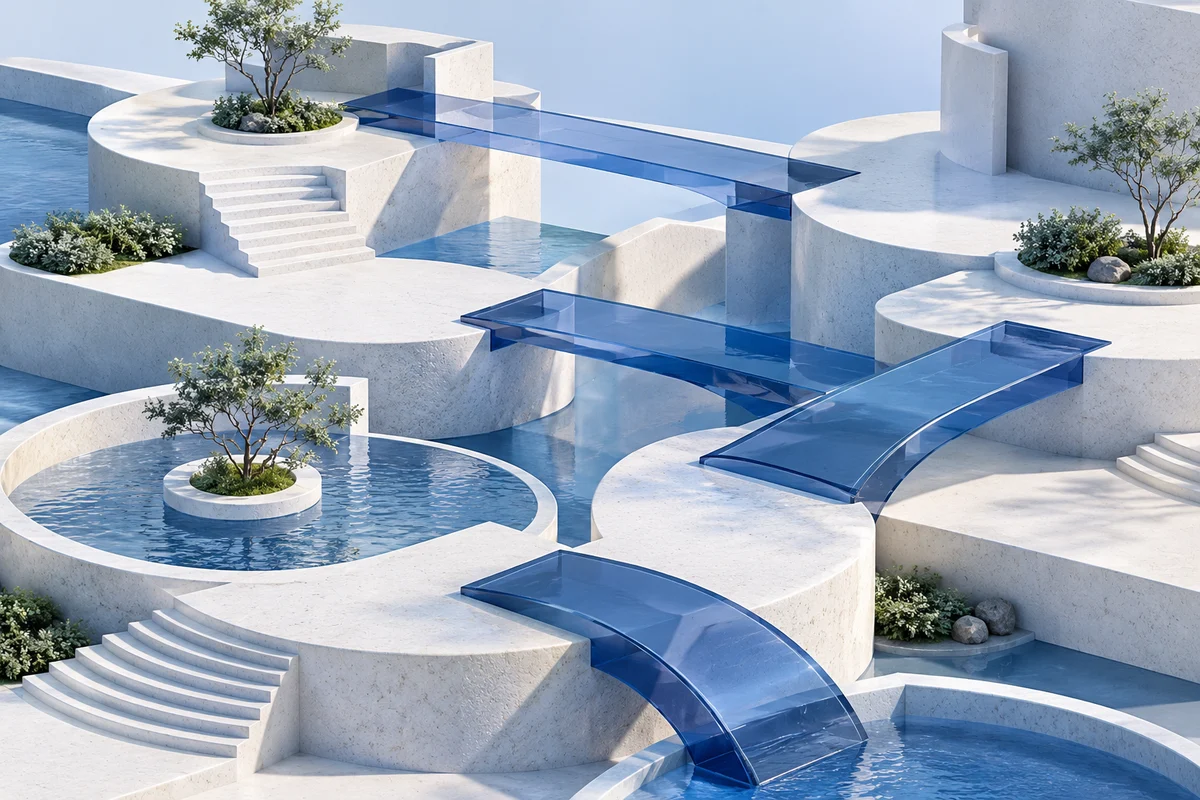 Conceptual blue bridges connecting white architectural model forms