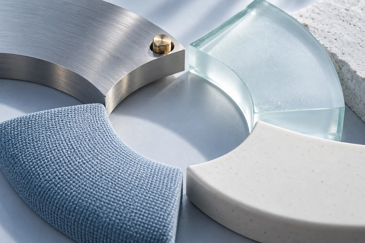 Conceptual metal, glass, textile and ceramic segments surrounding an open space