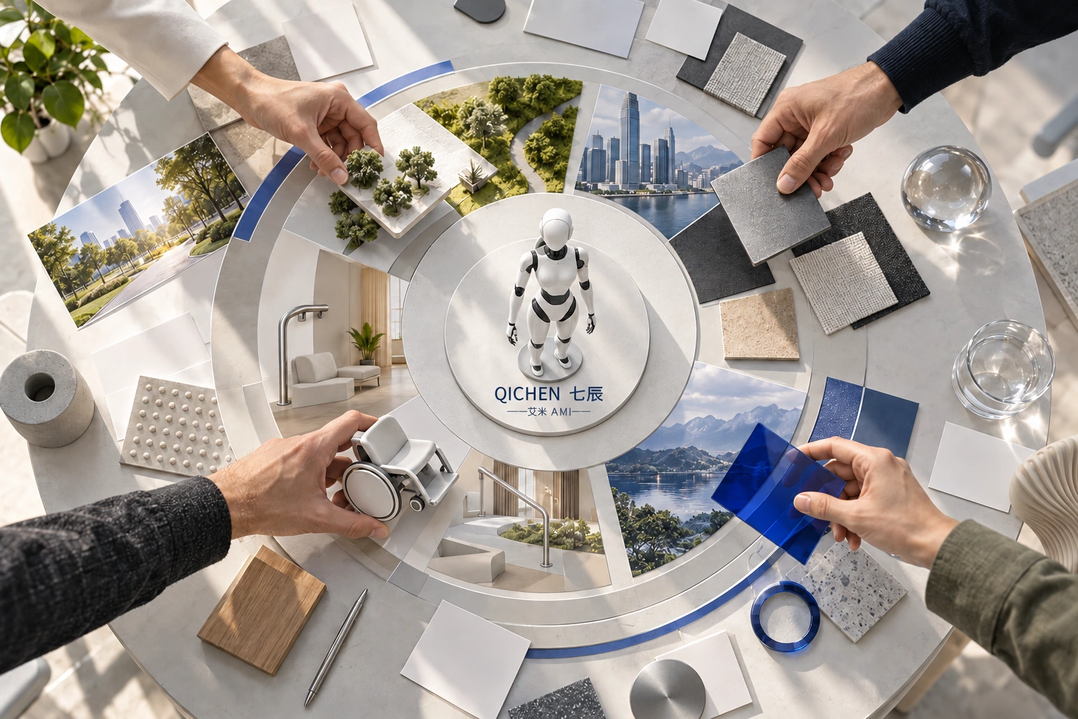 Concept of materials and context samples brought to a round table