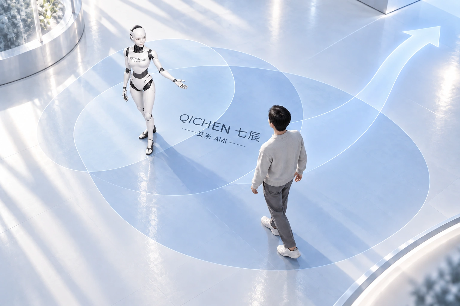 Overhead concept of the spatial relationship between a person and Ami