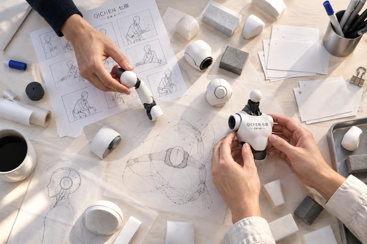 Concept worktable with storyboards and adjustable model parts